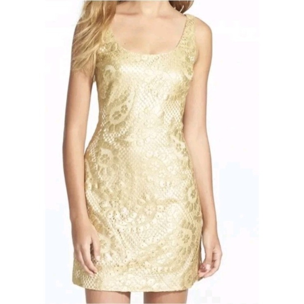 Lilly Pulitzer Gold Eaton Shift Paisley Lace Appliqué Dress Gatsby 70s Zip 2 EUC